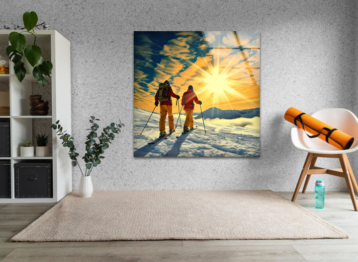 Skiing & Sunset Glass Wall Art custom glass pictures, glass art prints
