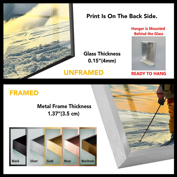 Skiing & Sunset Glass Wall Art