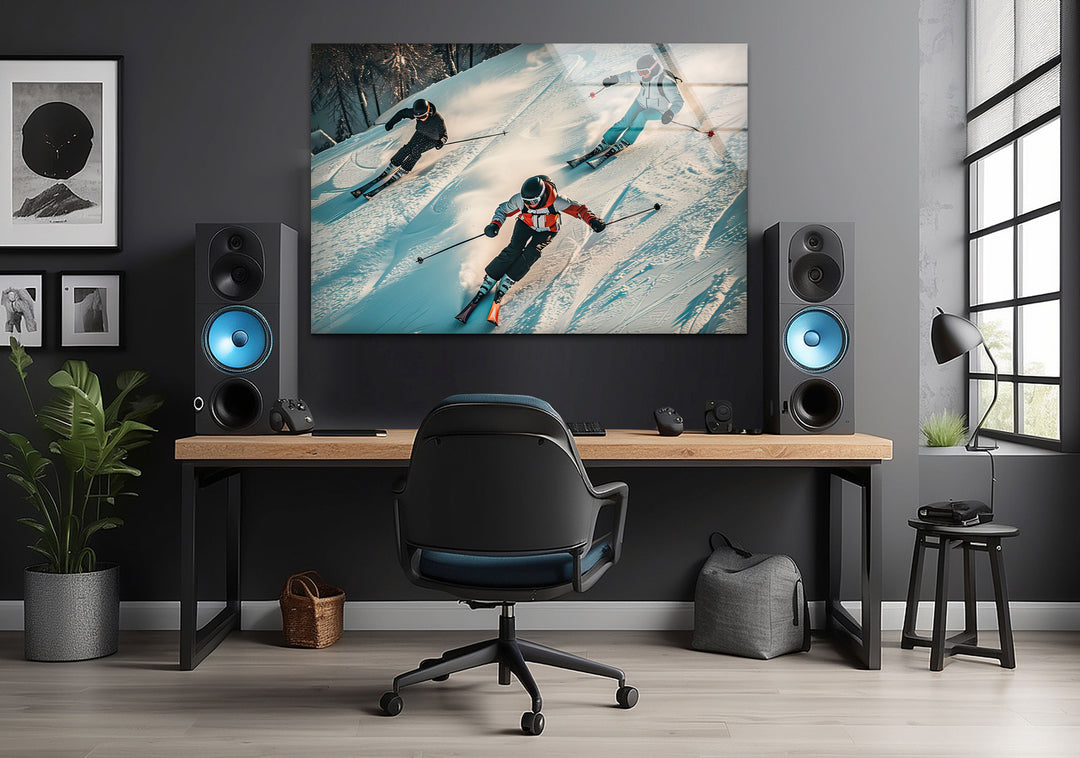 Skiing People Glass Wall Art glass art painting, glass art for the Wall
