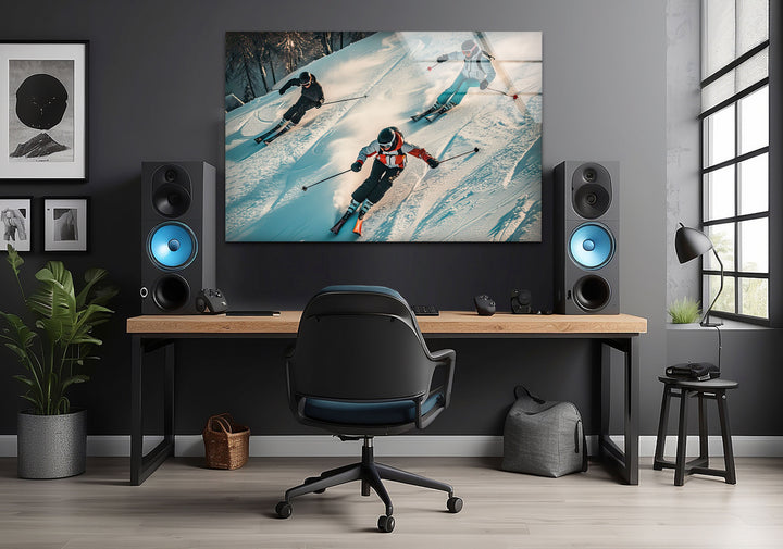 Skiing People Glass Wall Art glass art painting, glass art for the Wall
