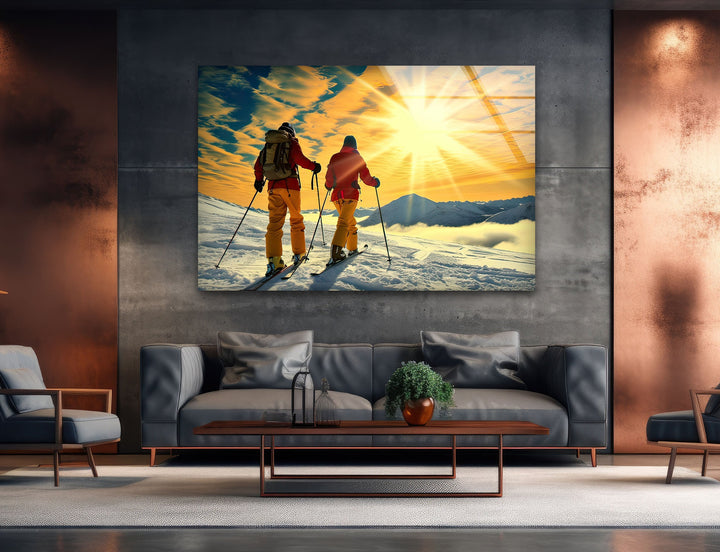 Skiing & Sunset Glass Wall Art custom glass photo prints, large glass prints
