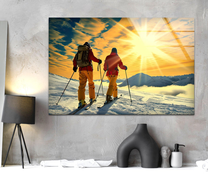 Skiing & Sunset Glass Wall Art picture on glass wall art, photos printed on glass
