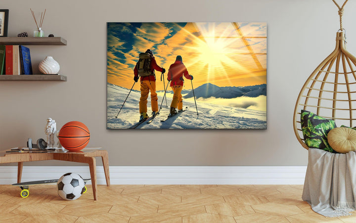 Skiing & Sunset Glass Wall Art print on glass, glass printed photos
