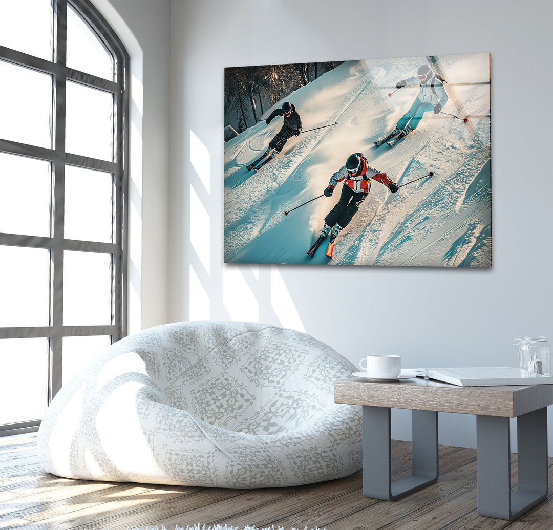 Skiing People Glass Wall Art picture on glass wall art, photos printed on glass
