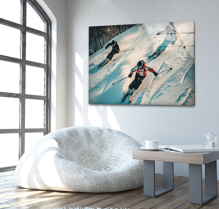 Skiing People Glass Wall Art picture on glass wall art, photos printed on glass
