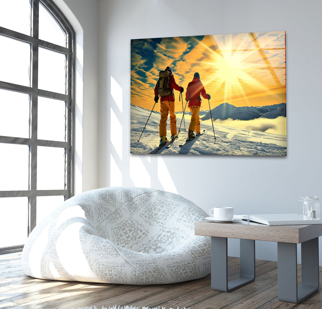 Skiing & Sunset Glass Wall Art print picture on glass, Tempered Glass Wall Art
