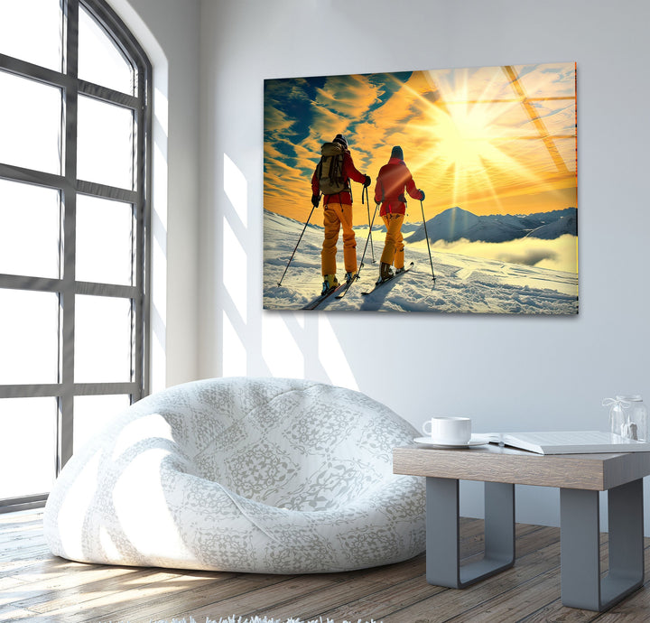 Skiing & Sunset Glass Wall Art print picture on glass, Tempered Glass Wall Art
