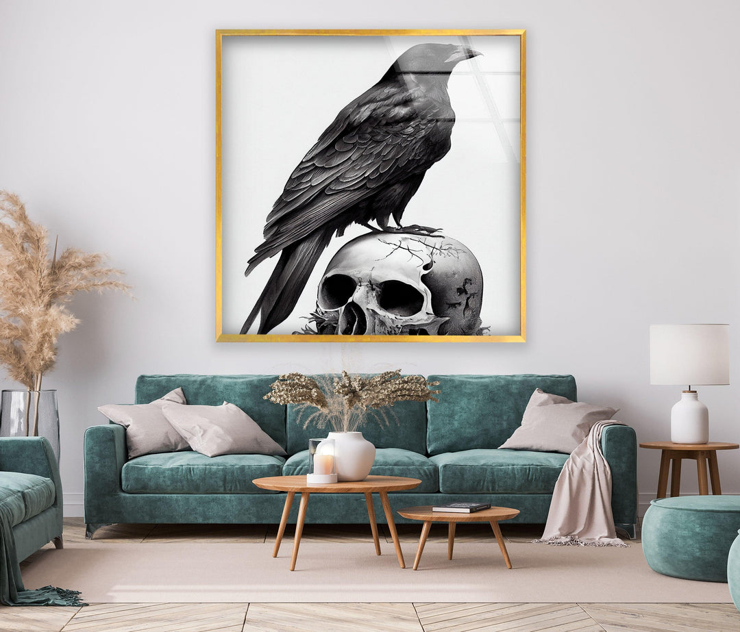 Realistic monochrome raven and skull composition printed on glass for gothic-inspired wall decor.