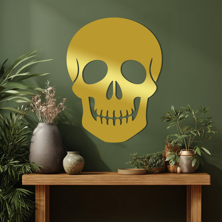 Silver skull metal mirror wall accent for Halloween season