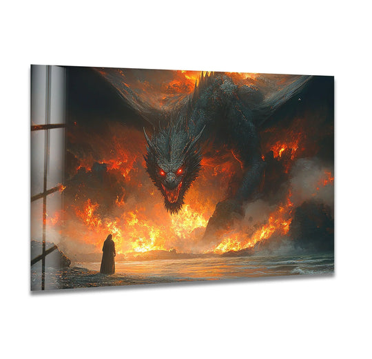Violent flames engulfing a foreboding fire dragon in this glass wall art print is the loudest element, an intense addition to your home decor.