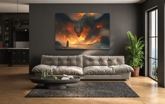 Bold orange flames create a sharp color contrast against a menacing, gray fire dragon in this print wall art piece.