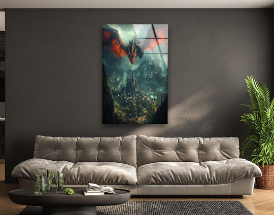 Layered hanging wall art depicts a dragon soaring over a medieval city nestled between mountainous depths, enhancing the dramatic perspective of this glass wall art.