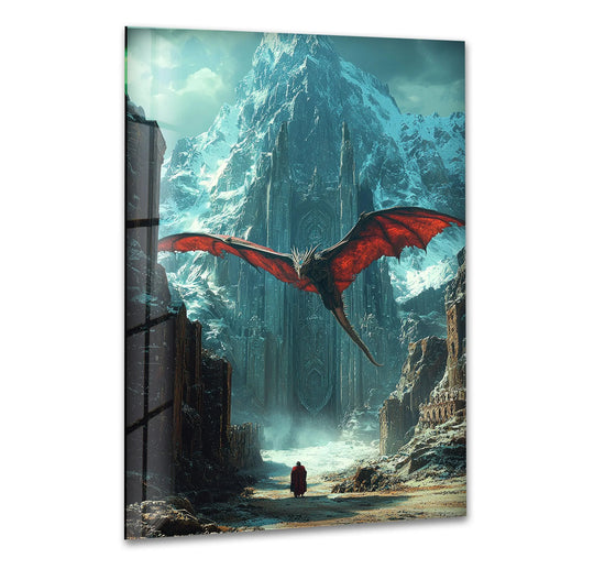 High-quality glass printing showcases a red dragon soaring above a frozen mountain city, offering a unique piece of home decoration.