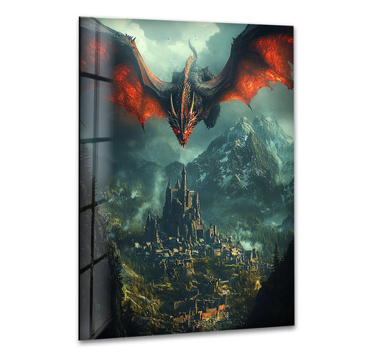 Dramatic light and shadow highlight the flying dragon over the mountain city in this glass wall art, making it one of the best glass art prints.