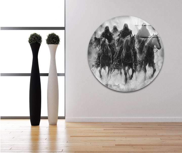 Dark Riders Black and white glass art of shadowy mounted figures emerging from swirling clouds of smoke.
