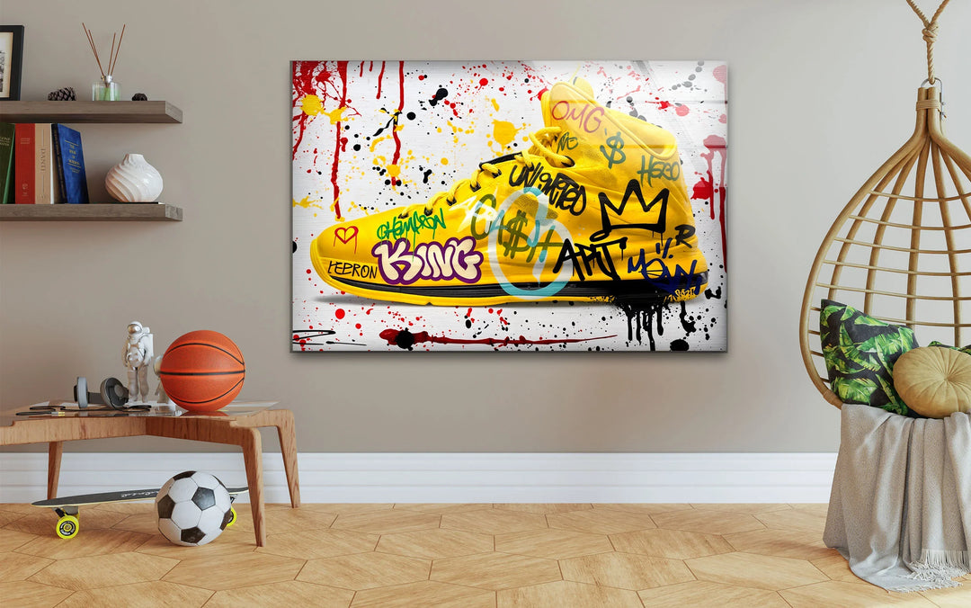 Vibrant sneaker-themed glass print with bold graffiti tags and splatter paint effects.-Lebron Shoes Glass Wall Art 