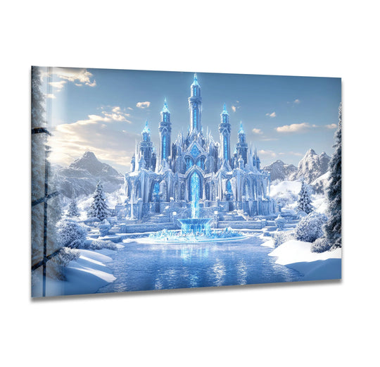 Glistening, ice-blue castle towers are the loudest elements in this snow castle hanging wall art, with icy details creating a magical, frozen landscape.
