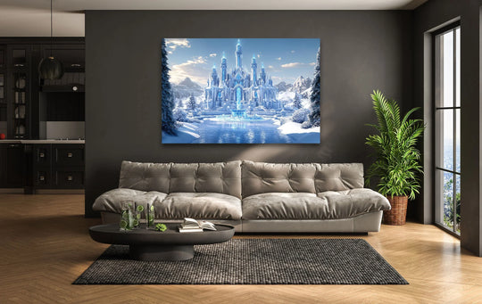 Illuminated by the light, the snow castle showcases an intricate, crystalline design, exemplifying stunning glass art amid a wintery landscape scene.