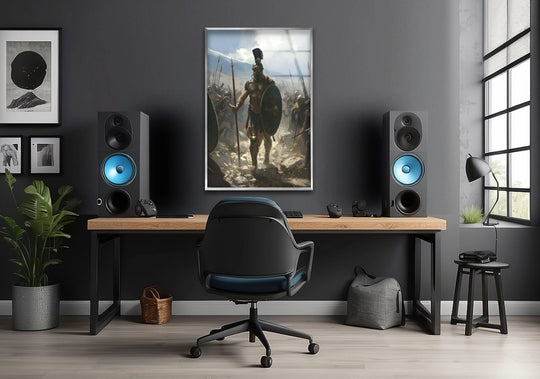 Dominant grays highlight the epic Spartan Warriors hanging wall art, showcasing a high-quality print on tempered glass with a warrior-themed design in the workspace.