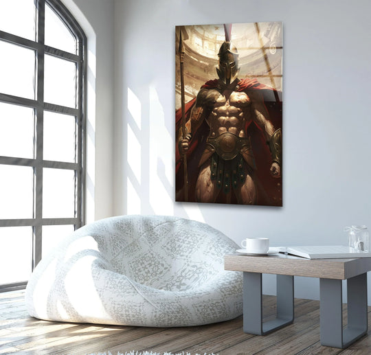 The realistic detail showcases the spartan warrior in a glass wall art prints, highlighting the armor and warrior's intensity with bold decor impact.