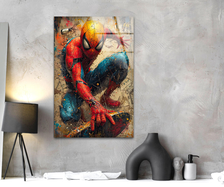 Spider Man Graffiti Glass Wall Art custom glass pictures, glass art prints
