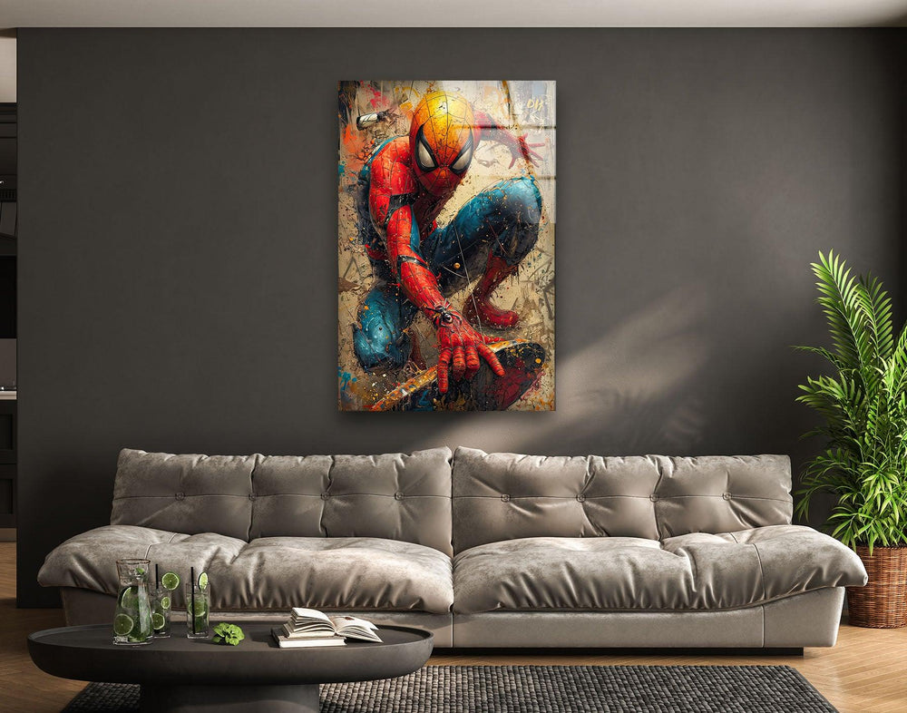 Spider Man Graffiti Glass Wall Art glass art painting, glass art for the Wall
