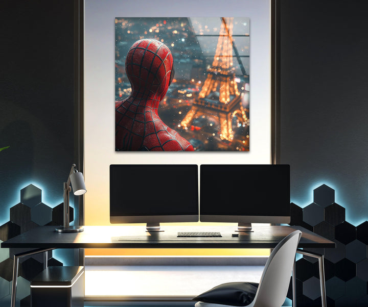 Spider Man in Paris Glass Wall Art custom glass pictures, glass art prints
