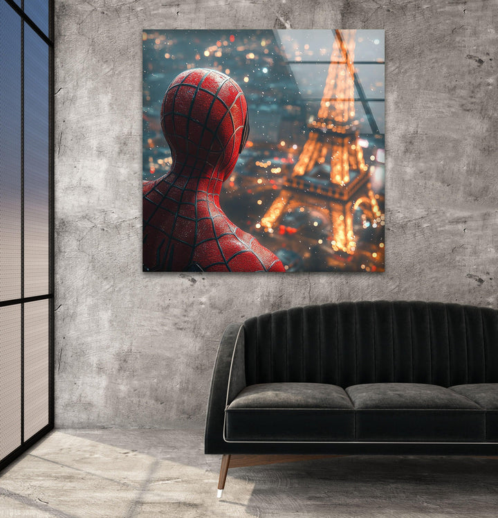 Spider Man in Paris Glass Wall Art print on glass, glass printed photos
