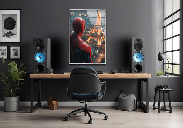 Spider Man in Paris Glass Wall Art photo print on glass, prints on glass wall art
