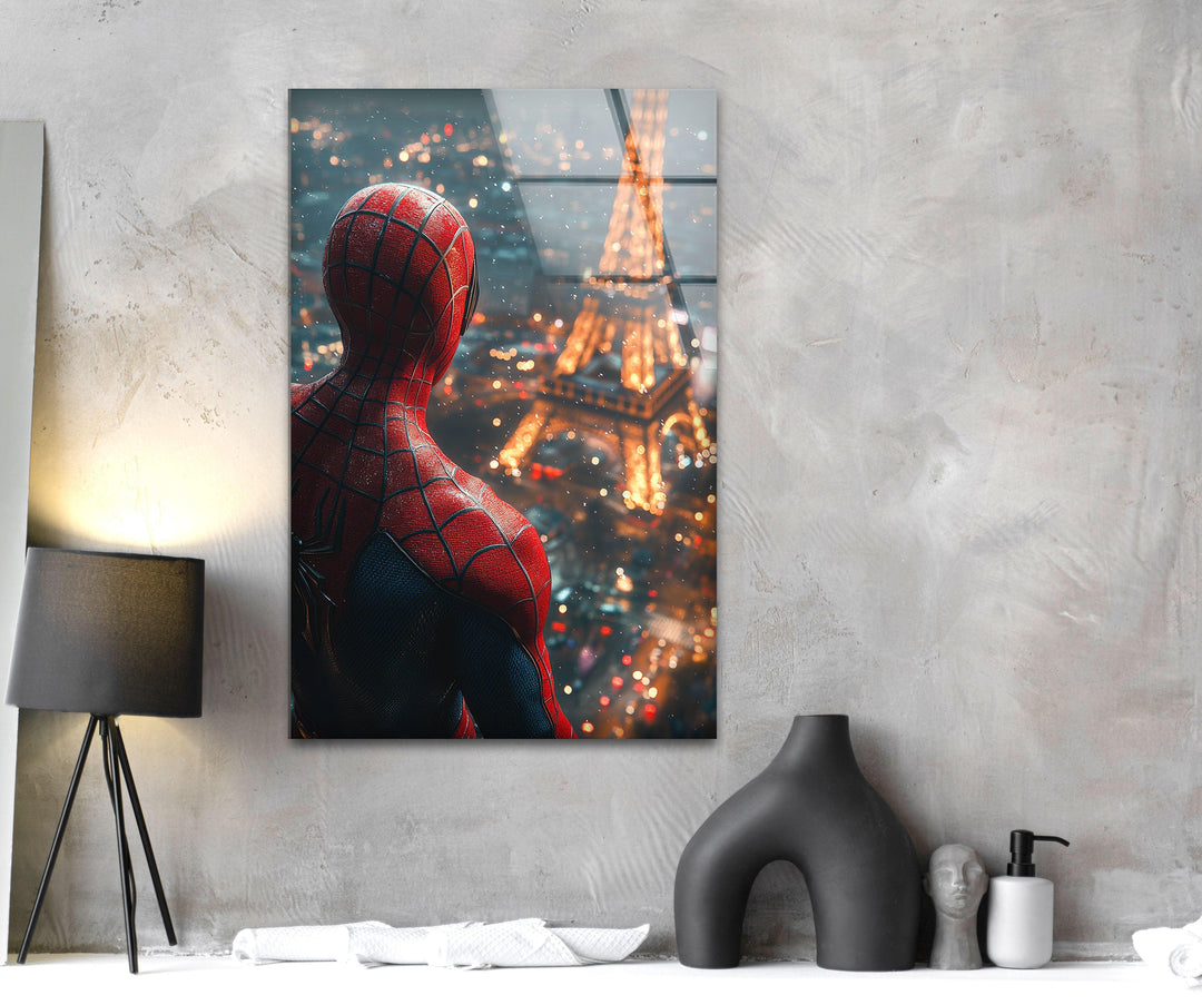 Spider Man in Paris Glass Wall Art custom glass photo prints, large glass prints
