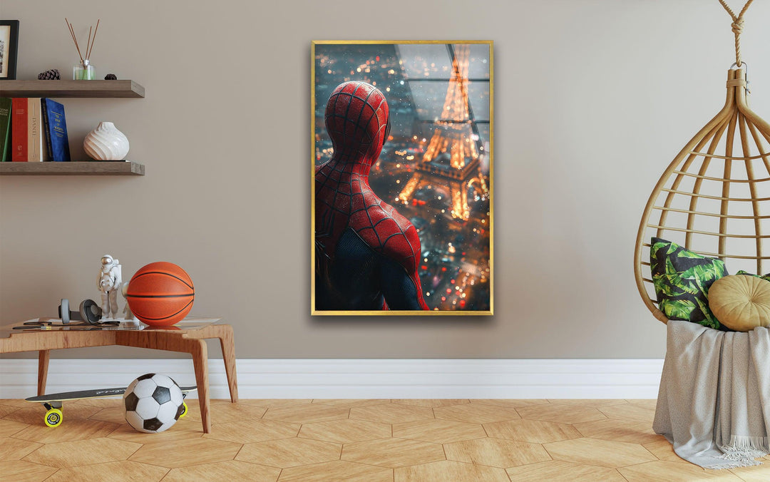 Spider Man in Paris Glass Wall Art picture on glass wall art, photos printed on glass
