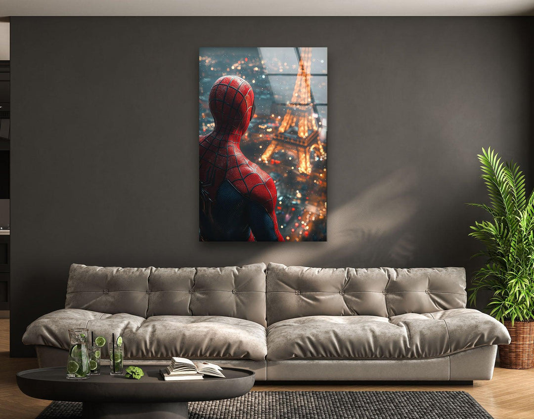 Spider Man in Paris Glass Wall Art glass image printing, glass prints from photos
