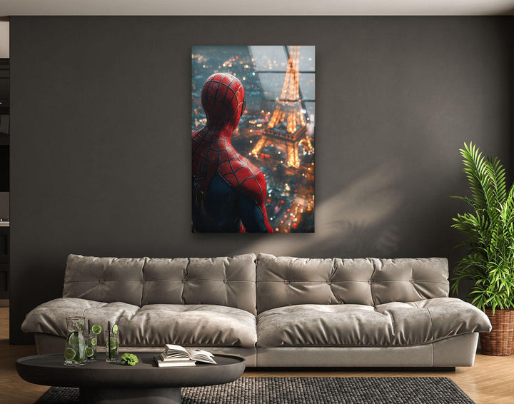 Spider Man in Paris Glass Wall Art glass image printing, glass prints from photos
