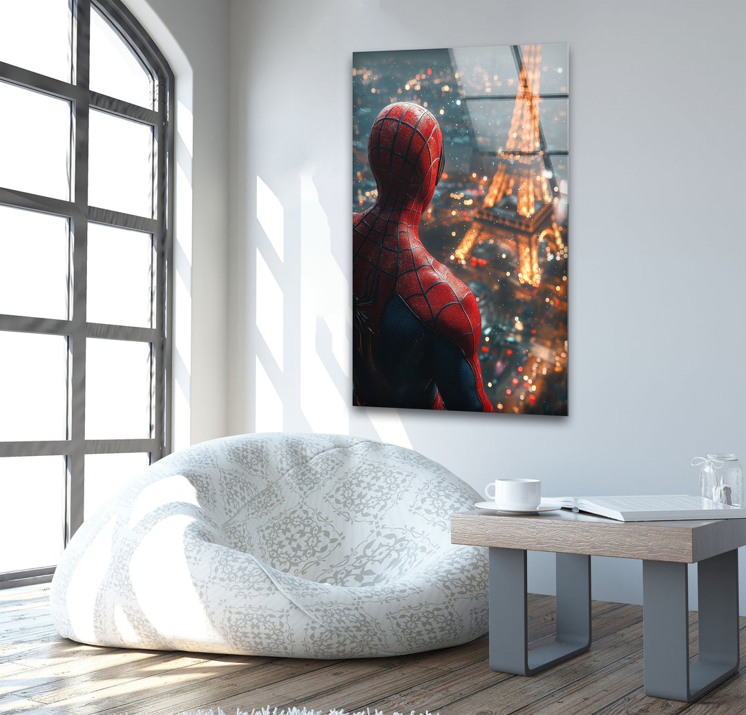 Spider Man in Paris Glass Wall Art print picture on glass, Tempered Glass Wall Art
