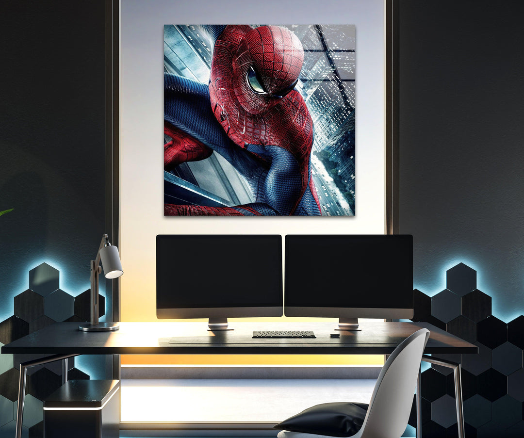 Spiderman City View Glass Wall Art print on glass, glass printed photos
