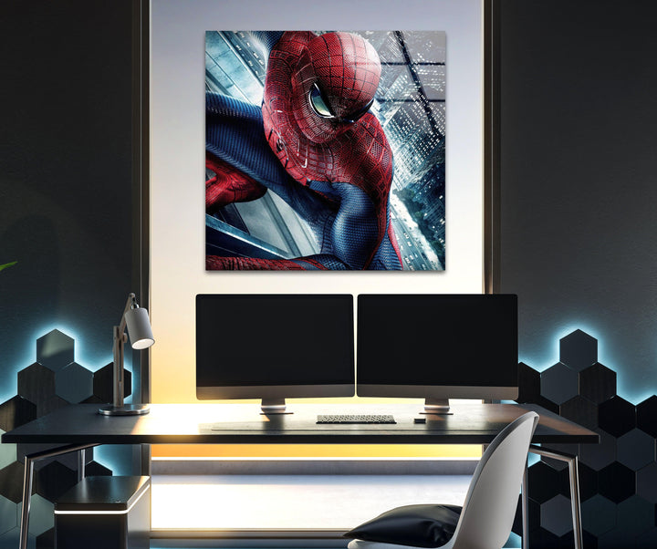 Spiderman City View Glass Wall Art print on glass, glass printed photos
