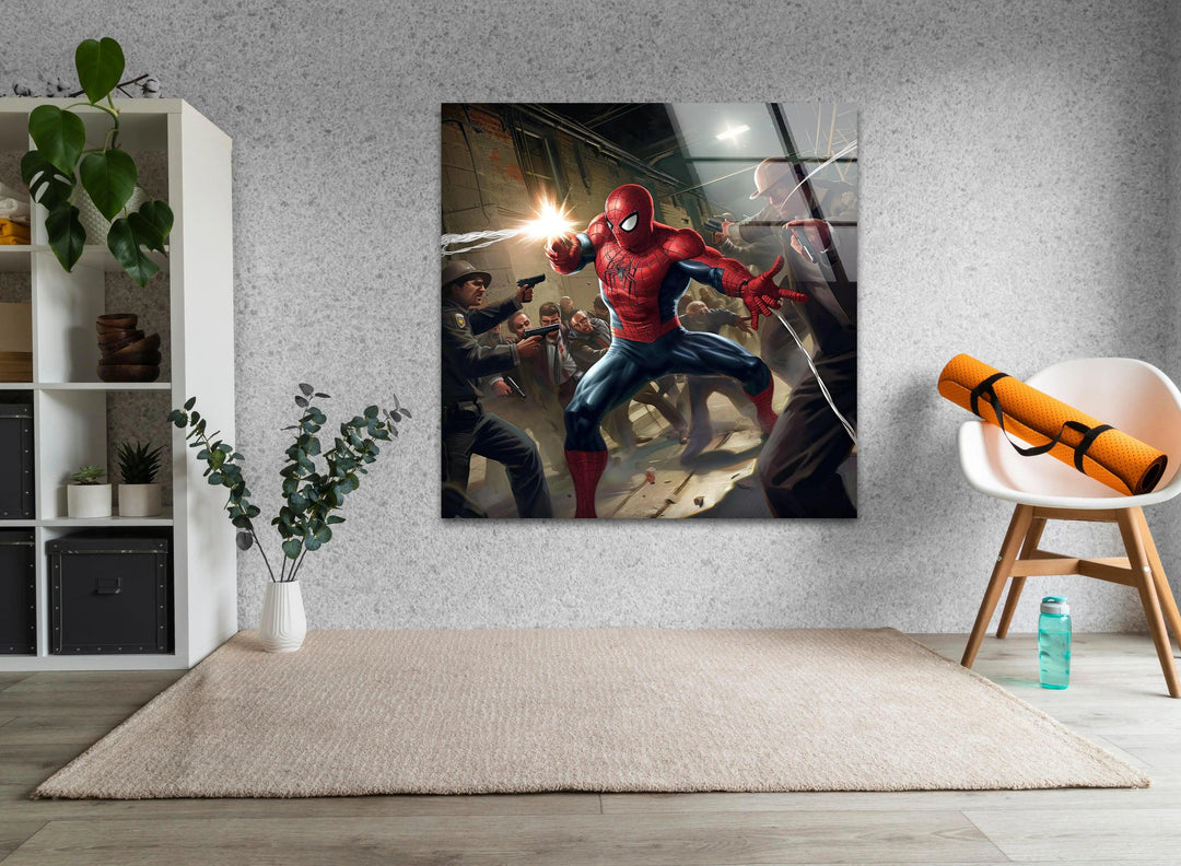 Spider Man Fighting Glass Wall Art picture on glass wall art, photos printed on glass
