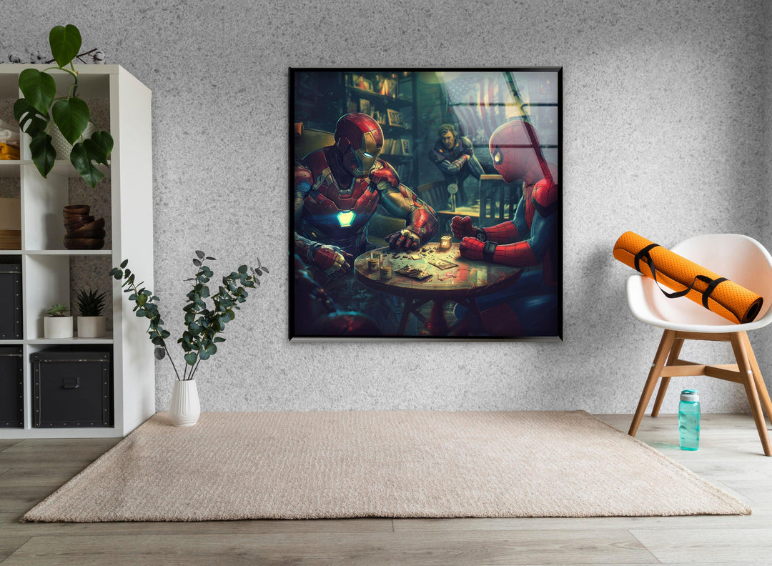 Spider Man &amp; Iron Man Glücksspiel Glaswandkunst