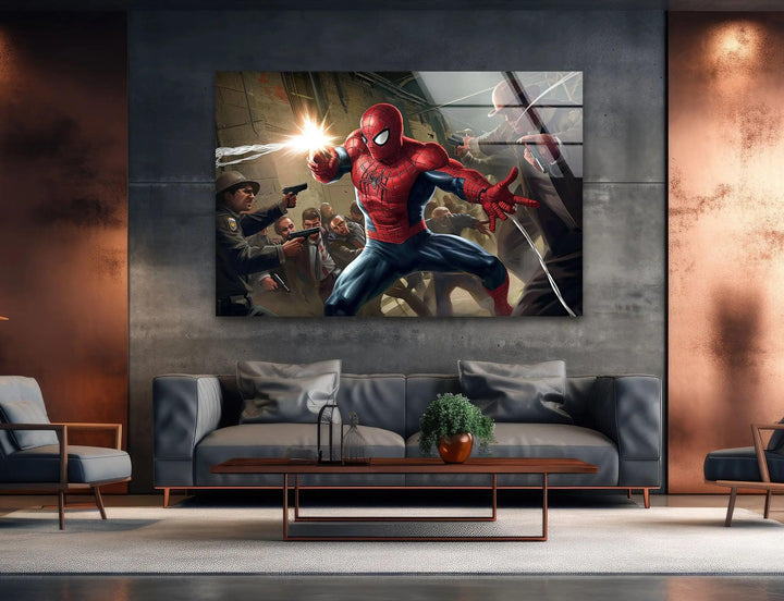 Spider Man Fighting Glass Wall Art print on glass, glass printed photos

