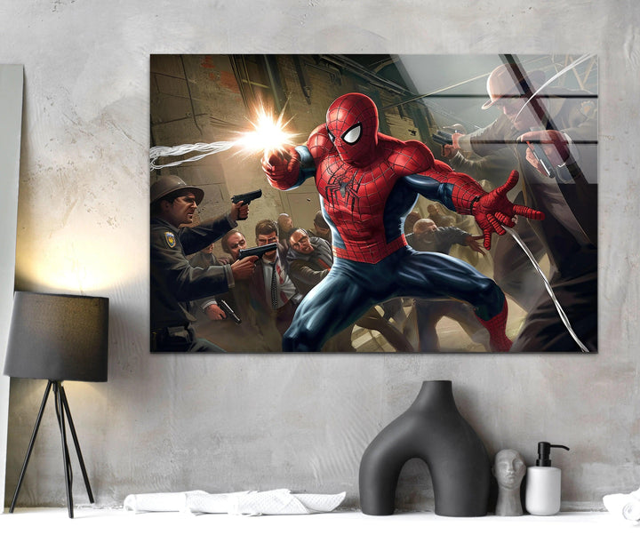 Spider Man Fighting Glass Wall Art print picture on glass, Tempered Glass Wall Art
