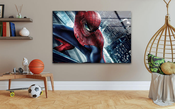 Spiderman City View Glass Wall Art custom glass photo prints, large glass prints
