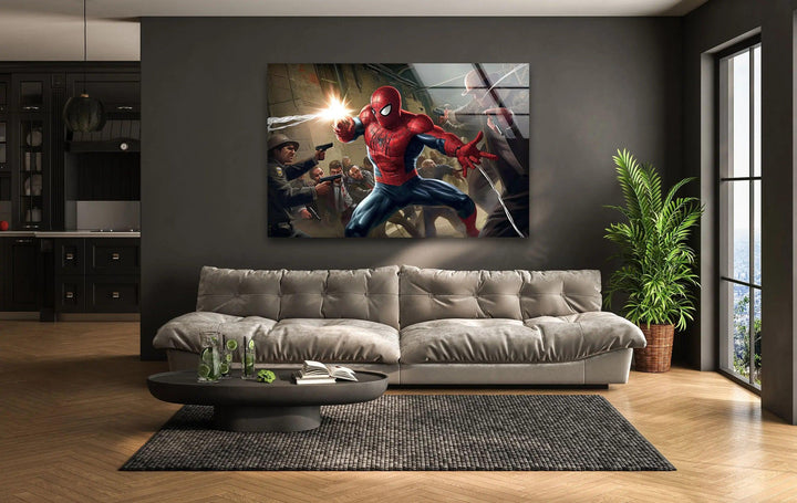 Spider Man Fighting Glass Wall Art custom glass photo prints, large glass prints
