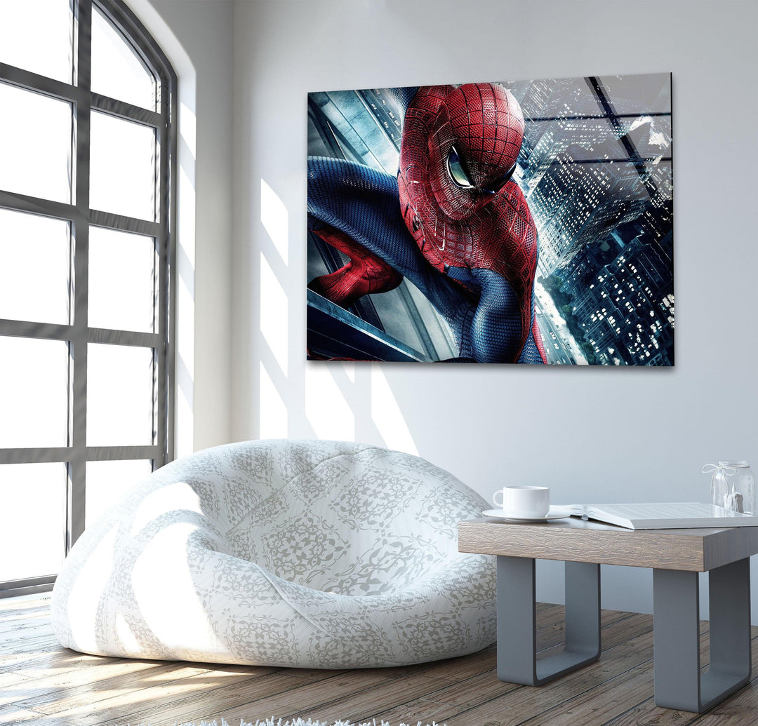 Spiderman City View Glass Wall Art picture on glass wall art, photos printed on glass
