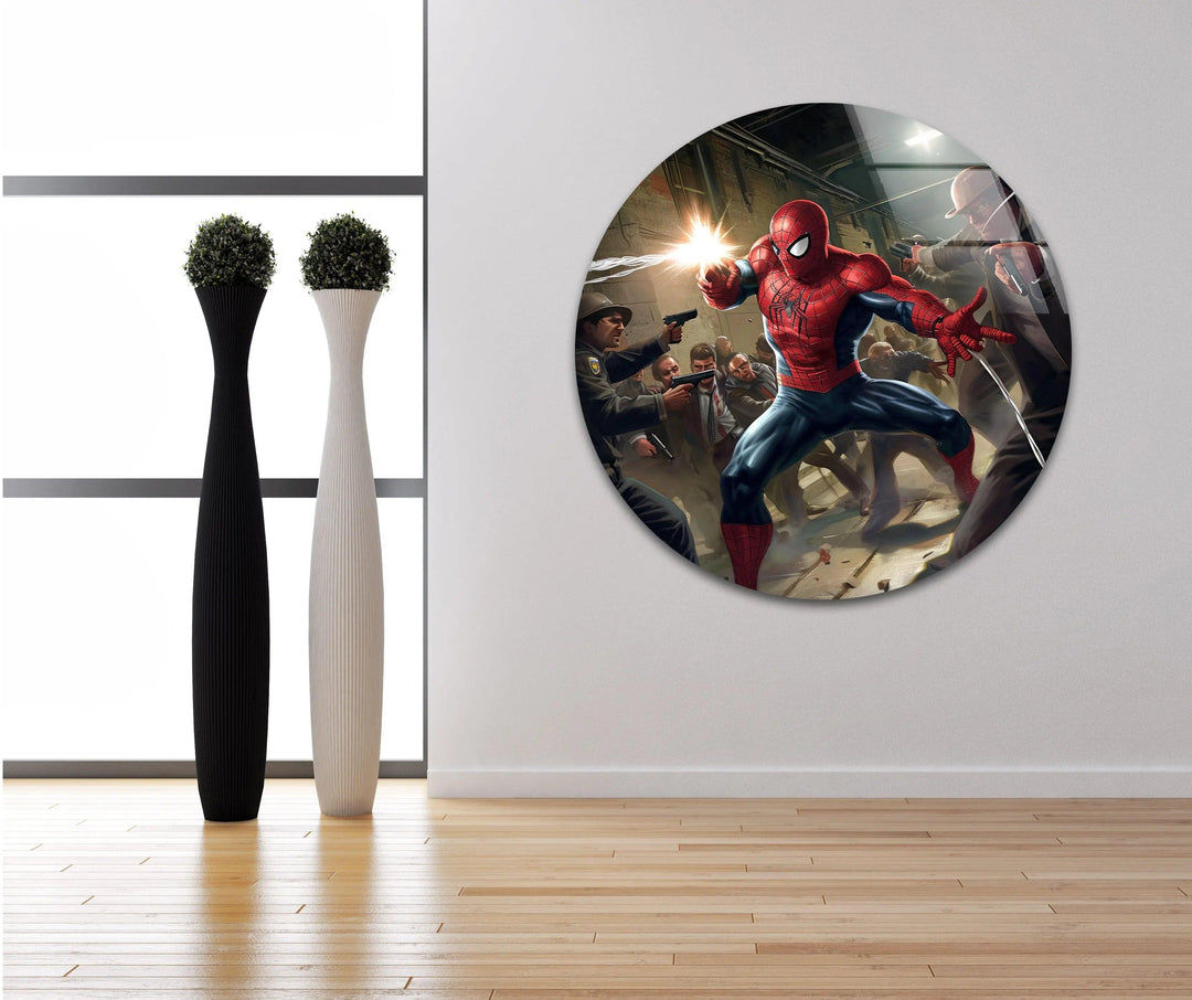 Spider Man Fighting Glass Wall Art photo print on glass, prints on glass wall art
