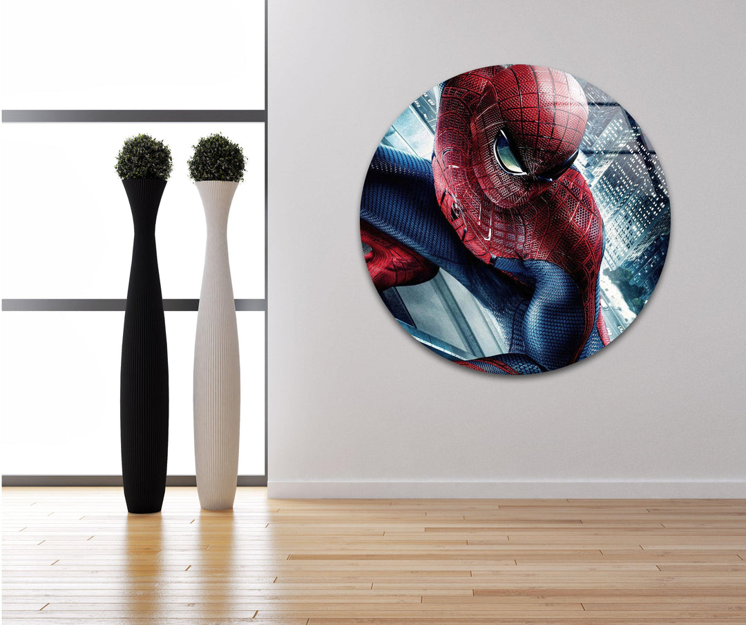Spiderman City View Glass Wall Art print picture on glass, Tempered Glass Wall Art
