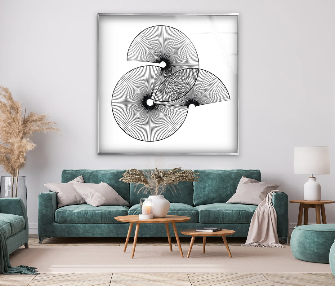 Minimal line geometry art with circular optical pattern.