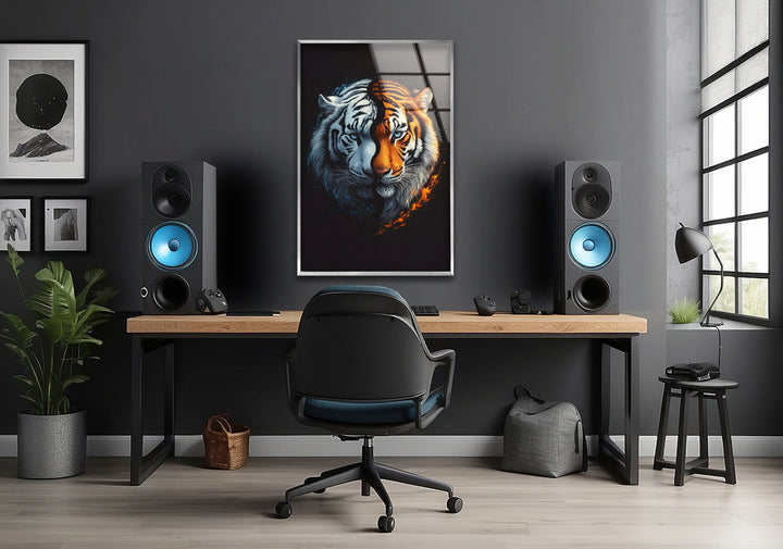 Abstract animal portrait on glass showing a tiger divided into icy and fiery halves.