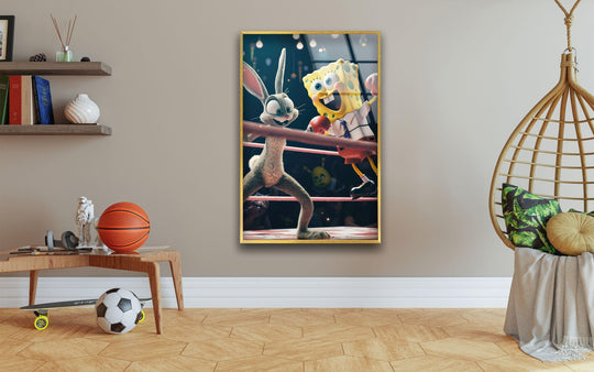High color saturation highlights the lively cartoon boxing match between fun characters in this vibrant print wall art, adding a playful touch.