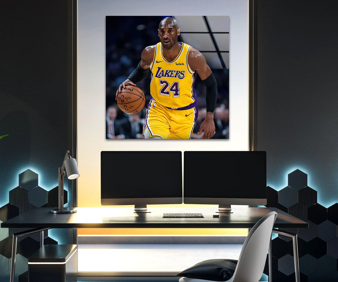 Kobe Bryant Lakers - Athlete in yellow basketball gear dribbling on a lit court featured in modern glass art.