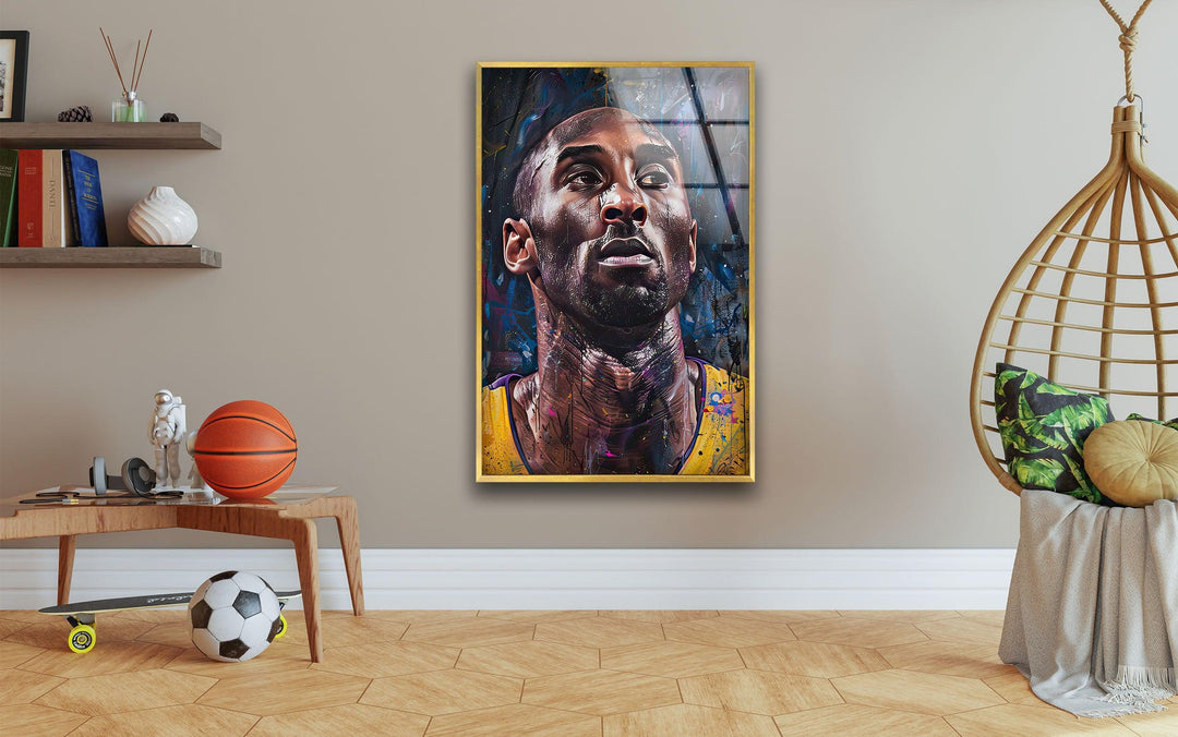 Contemporary basketball artwork on glass featuring a close-up athlete expression.